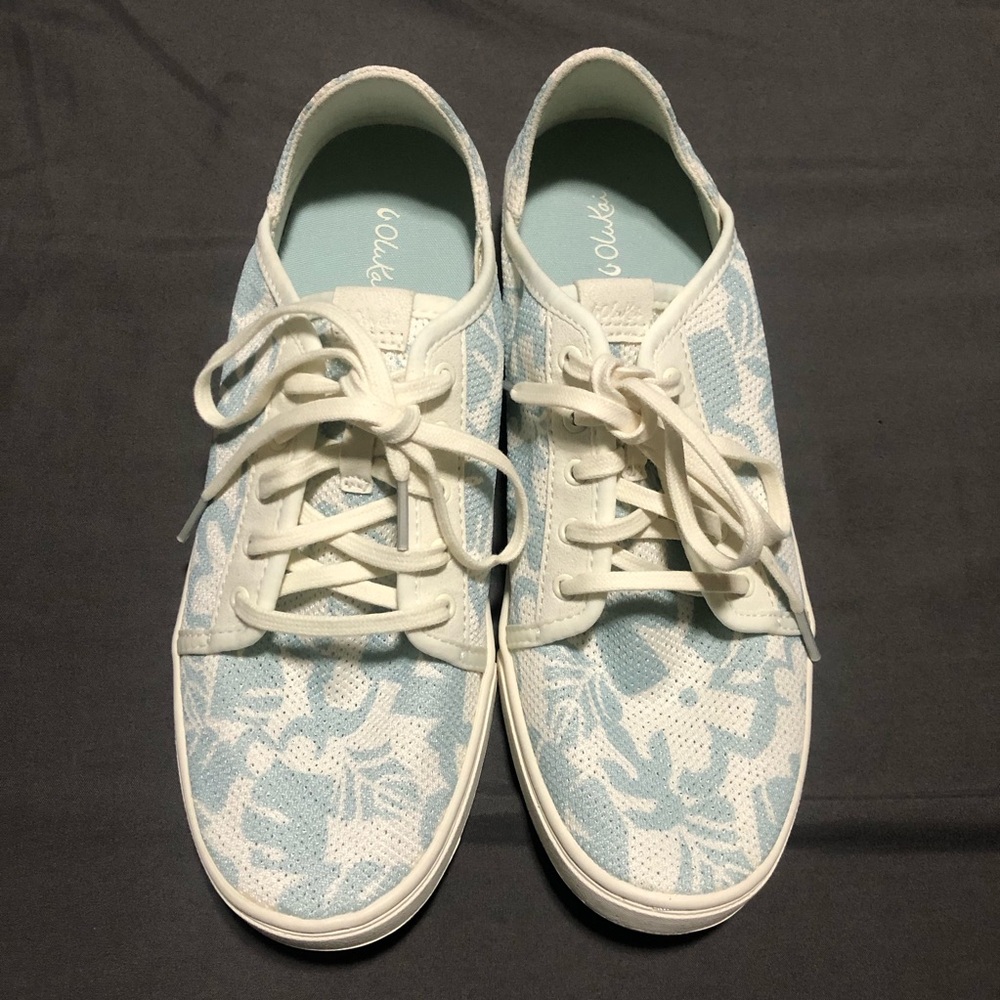 OluKai Pehuea Li Women’s Sneakers Aqua White Floral Lace-Up Shoes Size 9W